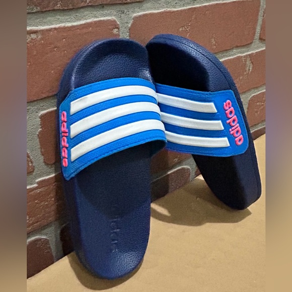 Adidas little boys slides,flip flops blue w/3 stripe white US child 12 - Picture 4 of 6